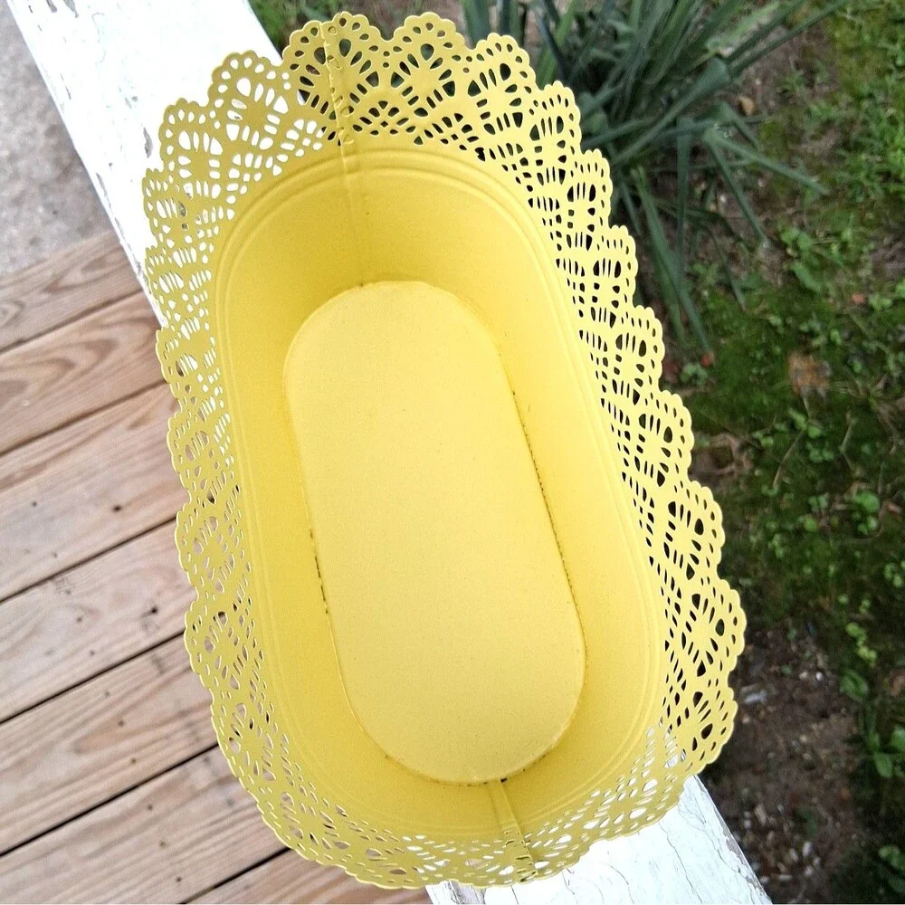 368 Yellow Metal Oval Lace Trimmed Basket Makeup Bathroom Planter Decor